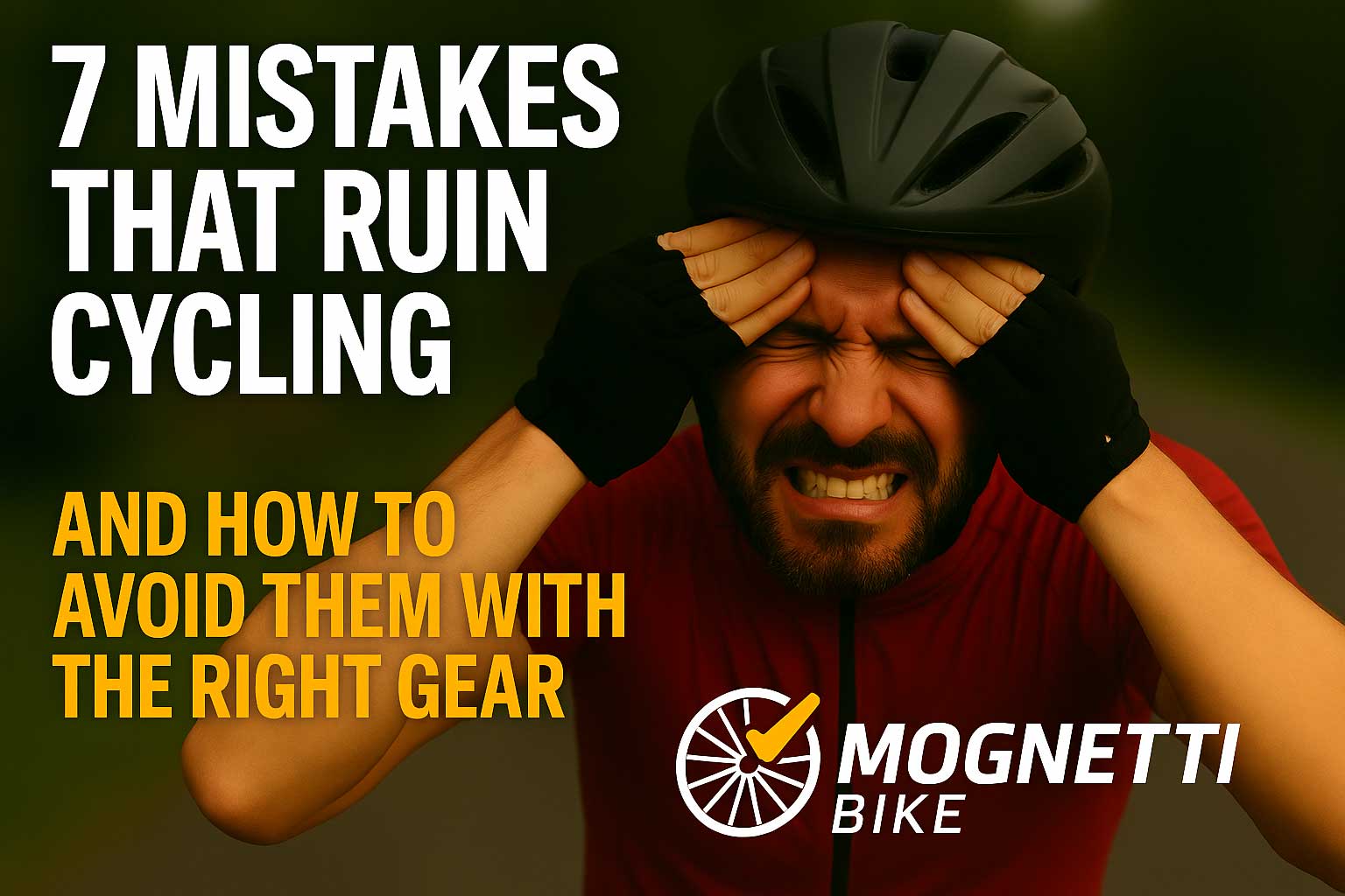 Frustrated cyclist wearing a helmet and gloves holding his head in his hands after making common cycling mistakes.